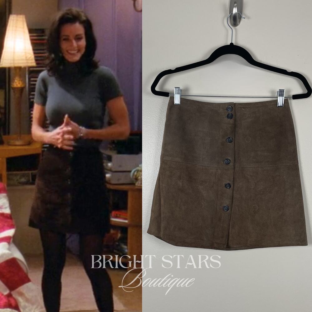 Rare ALT Brown Suede Mini Skirt ASO Monica Gellar Friends Vintage 90s Button Up - Picture 3 of 8